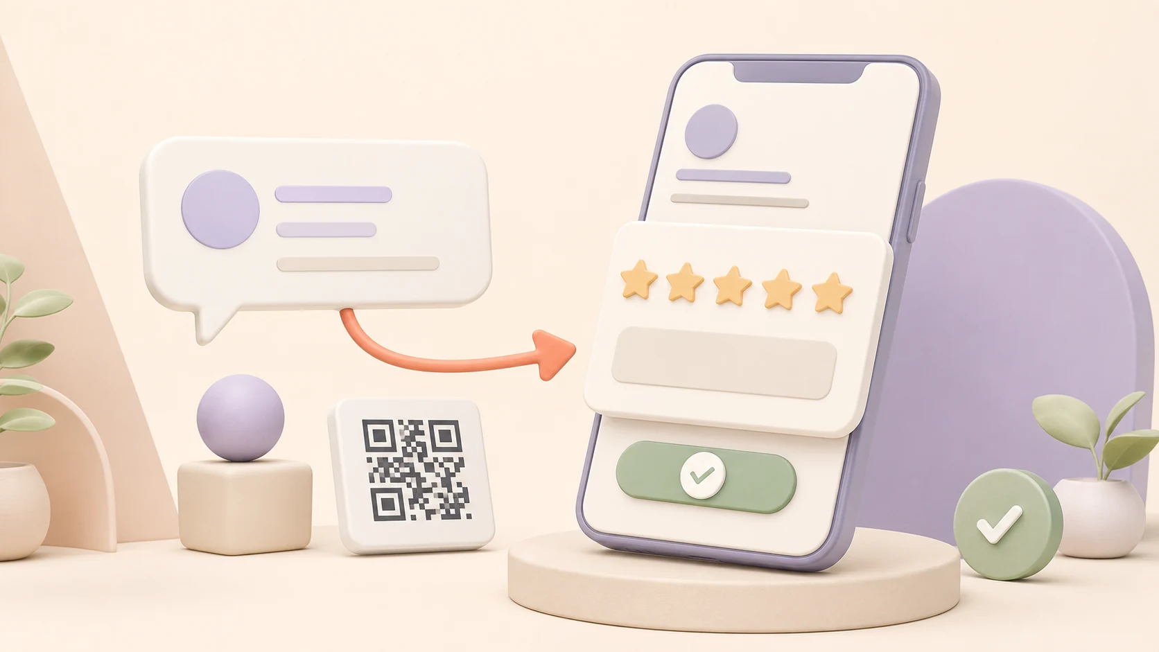 Пастельная 3D-сцена с приглашением оставить отзыв, QR-кодом и карточкой оценки